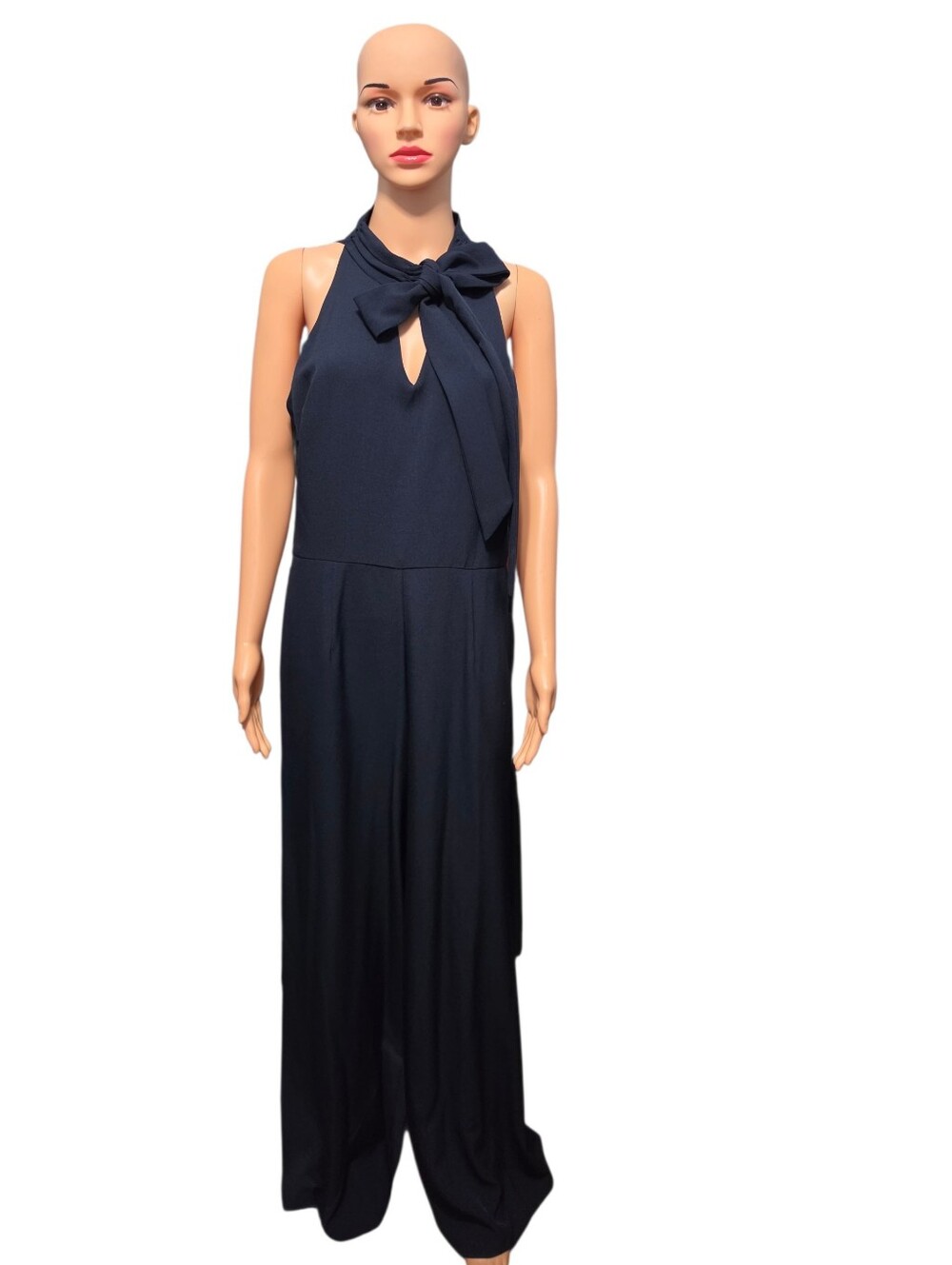 Julia Jordan Navy Neck-Tie Halter Wide Leg Minimalist Chic Jumpsuit Sz 14